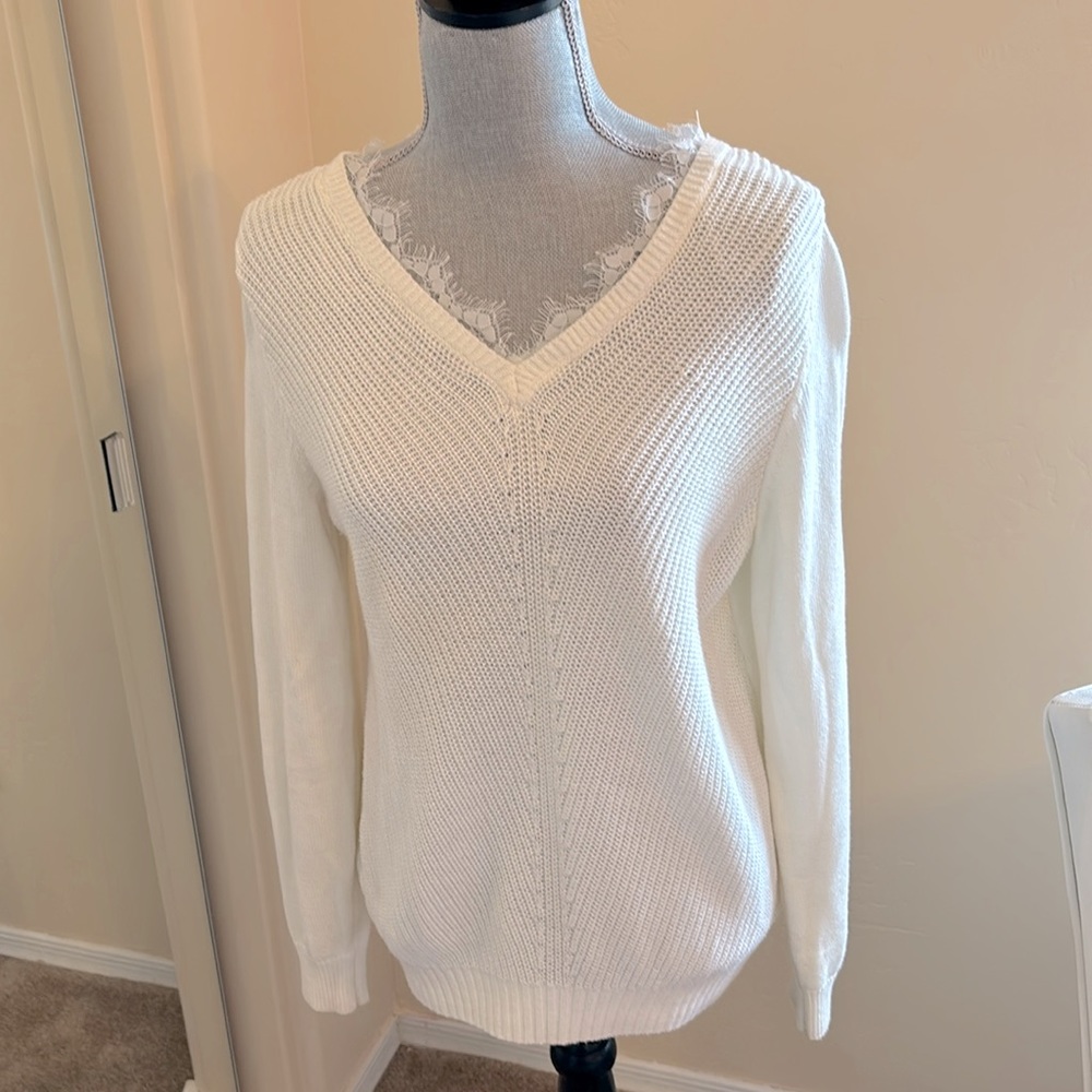 Beautiful Magaschoni cream sweater. Romantic, subtle lace trim. Small. Like new!